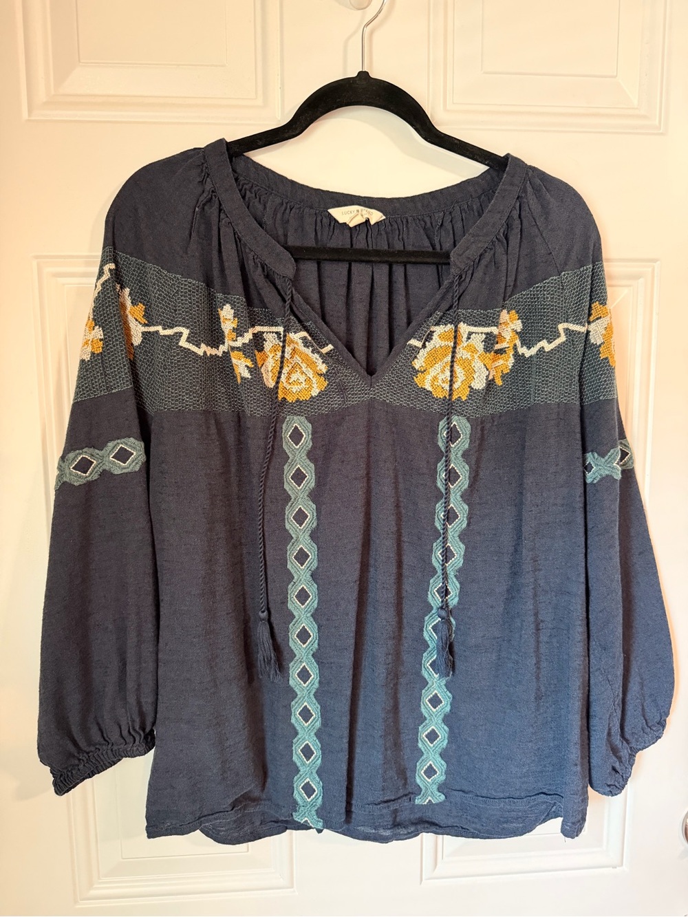 Lucky Brand Navy Tunic with Yellow Floral Embroidery